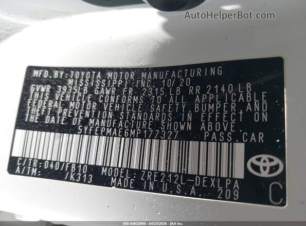 5YFEPMAE6MP177327 2021 TOYOTA LL White ძრავის განყოფილების ხედი