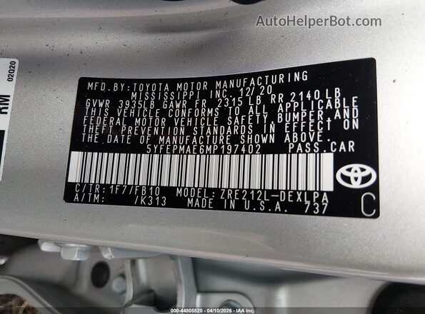 5YFEPMAE6MP197402 2021 TOYOTA LL Silver 