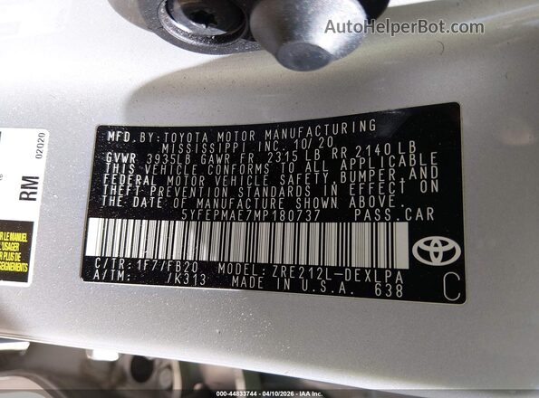 5YFEPMAE7MP180737 2021 TOYOTA LL Silver Вид підкапотного простору