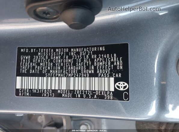 5YFEPMAE7MP247949 2021 TOYOTA LL Light Blue Engine compartment view