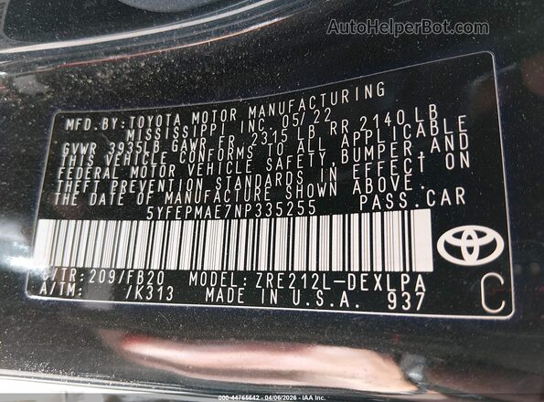 5YFEPMAE7NP335255 2022 TOYOTA LL Black 