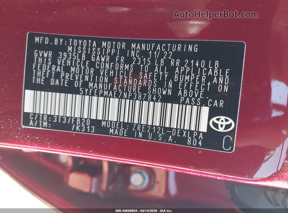 5YFEPMAE7NP387842 2022 TOYOTA LL Red ძრავის განყოფილების ხედი