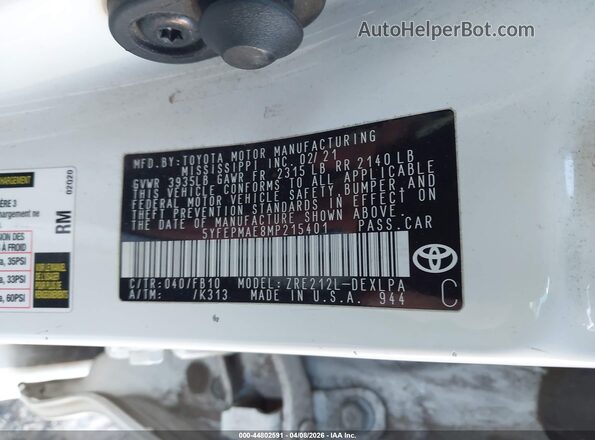 5YFEPMAE8MP215401 2021 TOYOTA LL White Շարժիչի բաժամունքի տեսք