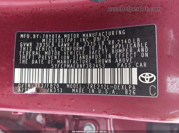 5YFEPMAE8NP363453 2022 TOYOTA LL Red Vista del compartimento del motor