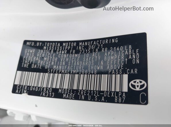 5YFEPMAEXMP266348 2021 TOYOTA LL White Вид підкапотного простору