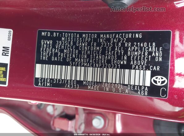 5YFEPMAEXNP320331 2022 TOYOTA LL Red 