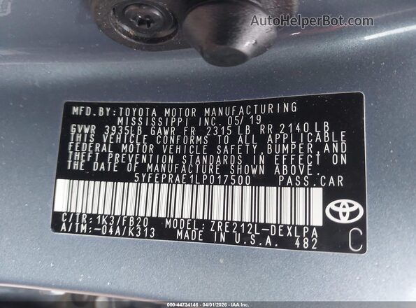 5YFEPRAE1LP017500 2020 TOYOTA LL Light Blue Vista del compartimento del motor