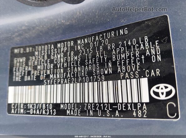 5YFEPRAE2LP101759 2020 TOYOTA LL Gray Vista del compartimento del motor