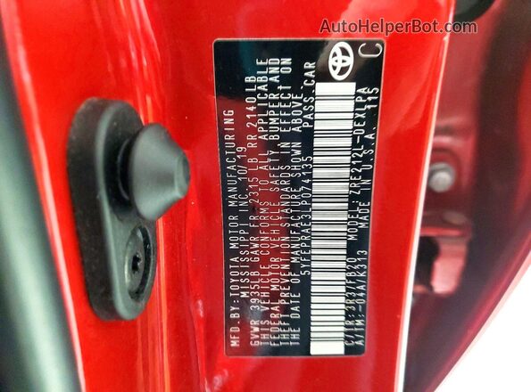 5YFEPRAE3LP074135 2020 TOYOTA LL Red Engine compartment view