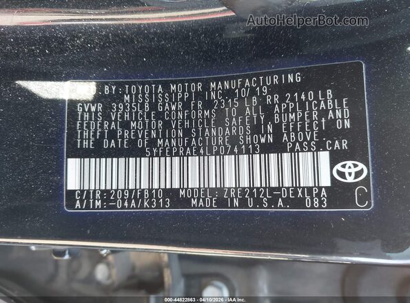 5YFEPRAE4LP074113 2020 TOYOTA LL Black Вид підкапотного простору