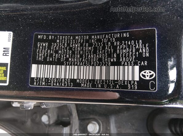 5YFEPRAE5LP073228 2020 TOYOTA LL Black ძრავის განყოფილების ხედი