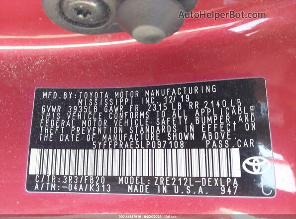 5YFEPRAE5LP097108 2020 TOYOTA LL Red Engine compartment view