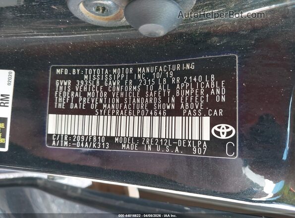 5YFEPRAE6LP074646 2020 TOYOTA LL Black Engine compartment view
