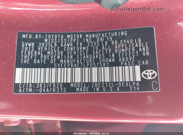 5YFEPRAE7LP057581 2020 TOYOTA LL Red 