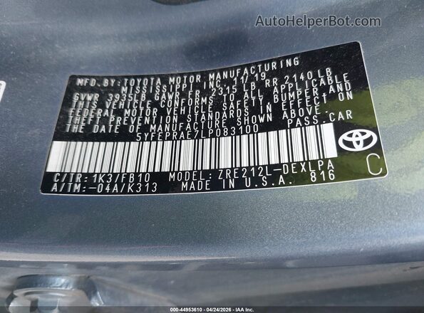 5YFEPRAE7LP083100 2020 TOYOTA LL Light Blue 