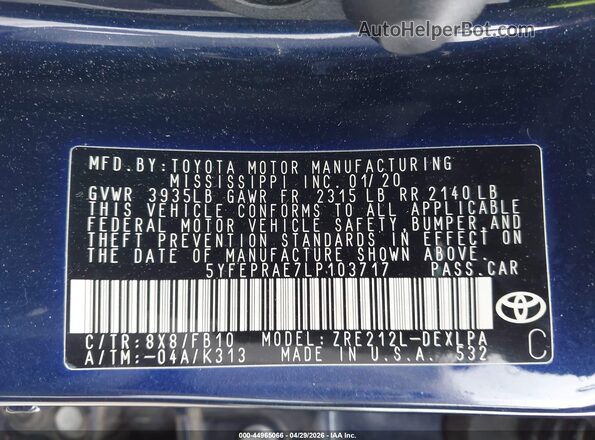 5YFEPRAE7LP103717 2020 TOYOTA LL Dark Blue ძრავის განყოფილების ხედი