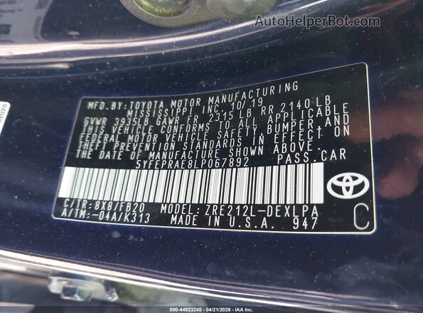 5YFEPRAE8LP067892 2020 TOYOTA LL Black Vista del compartimento del motor
