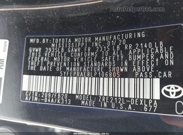 5YFEPRAE8LP106805 2020 TOYOTA LL Black 