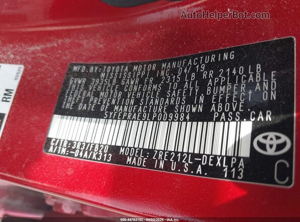 5YFEPRAE9LP009984 2020 TOYOTA LL Burgundy Vista del compartimento del motor