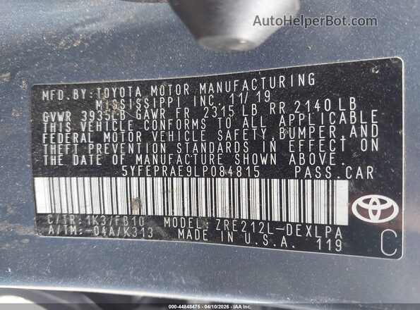 5YFEPRAE9LP084815 2020 TOYOTA LL Blue Vista del compartimento del motor