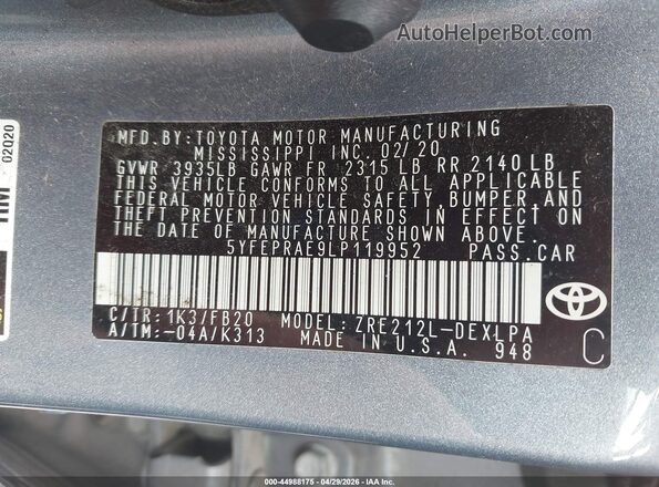 5YFEPRAE9LP119952 2020 TOYOTA LL Light Blue Engine compartment view