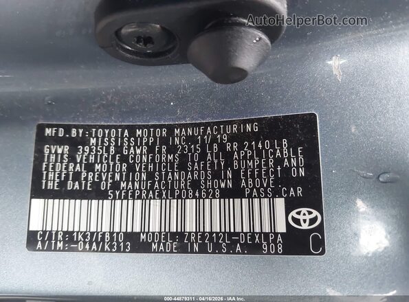 5YFEPRAEXLP084628 2020 TOYOTA LL Light Blue ძრავის განყოფილების ხედი