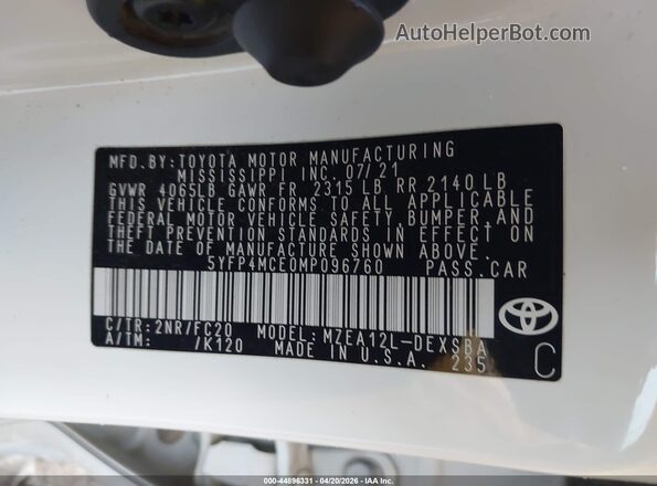 5YFP4MCE0MP096760 2021 TOYOTA LL White Вид підкапотного простору