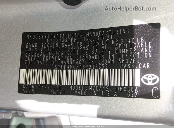 5YFP4MCE1SP217552 2025 TOYOTA LL Silver Вид підкапотного простору