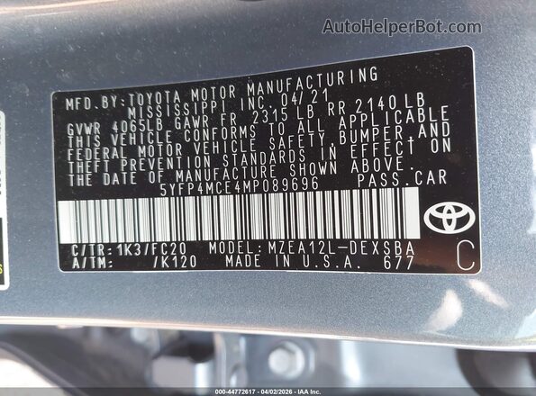5YFP4MCE4MP089696 2021 TOYOTA LL Blue Engine compartment view