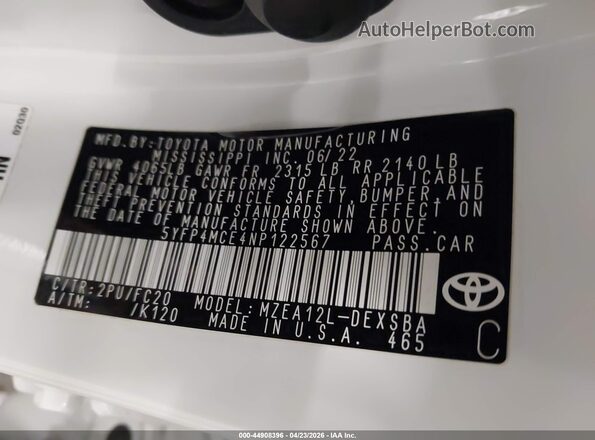 5YFP4MCE4NP122567 2022 TOYOTA LL White Engine compartment view