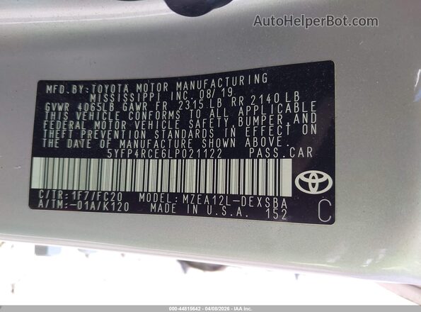 5YFP4RCE6LP021122 2020 TOYOTA LL Silver Engine compartment view