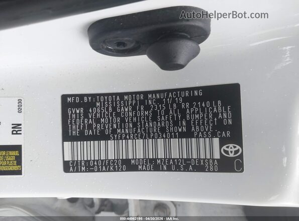 5YFP4RCE7LP034011 2020 TOYOTA LL White Engine compartment view