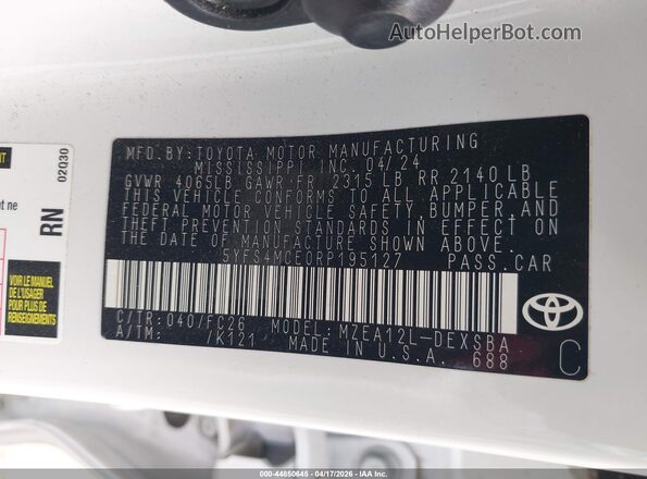5YFS4MCE0RP195127 2024 TOYOTA LL White Вид підкапотного простору