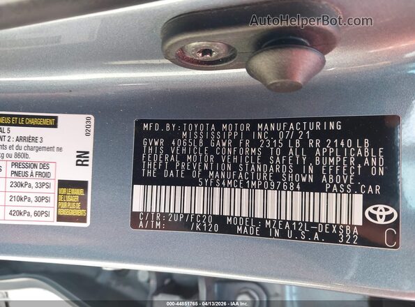 5YFS4MCE1MP097684 2021 TOYOTA LL Blue Vista del compartimento del motor