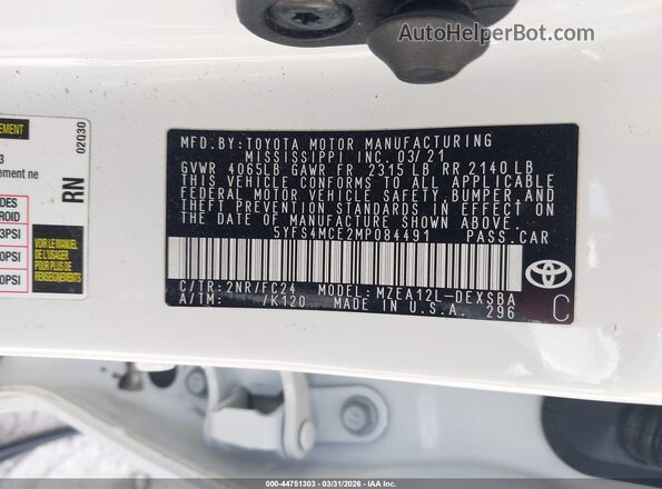 5YFS4MCE2MP084491 2021 TOYOTA LL White 