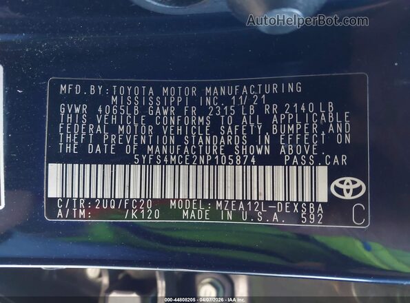 5YFS4MCE2NP105874 2022 TOYOTA LL Blue Widok komory silnika