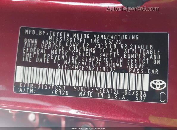 5YFS4MCE2NP118107 2022 TOYOTA LL Red Вид підкапотного простору