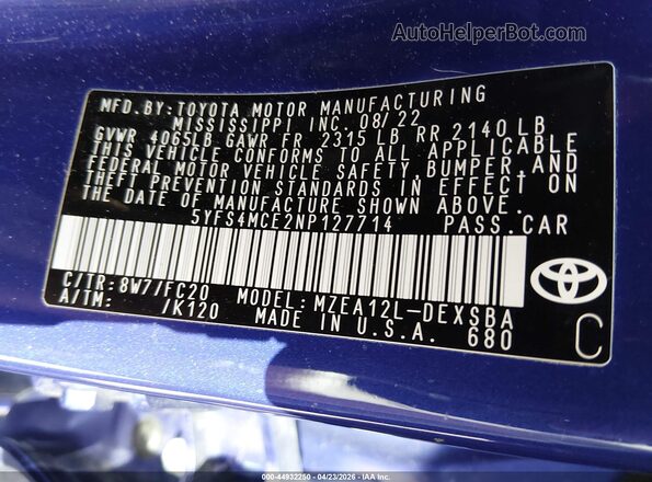 5YFS4MCE2NP127714 2022 TOYOTA LL Blue Շարժիչի բաժամունքի տեսք