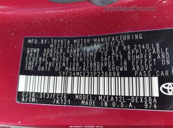 5YFS4MCE2SP226898 2025 TOYOTA LL Burgundy Շարժիչի բաժամունքի տեսք
