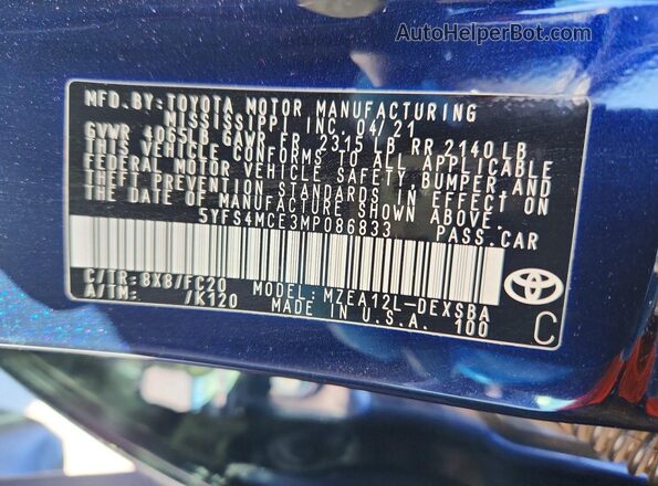 5YFS4MCE3MP086833 2021 TOYOTA LL Blue Widok komory silnika