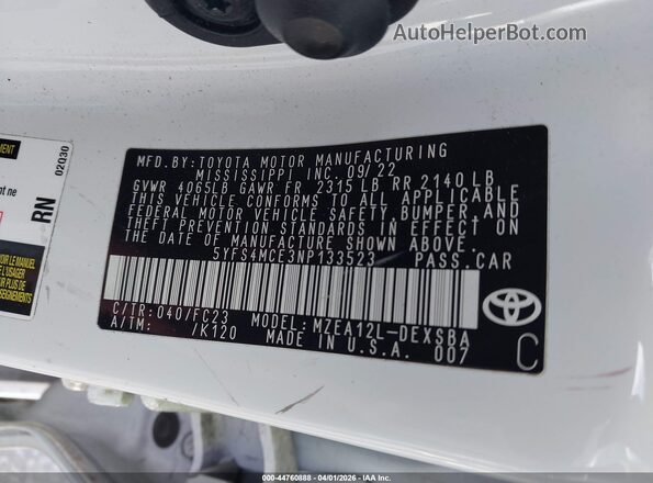 5YFS4MCE3NP133523 2022 TOYOTA LL White 