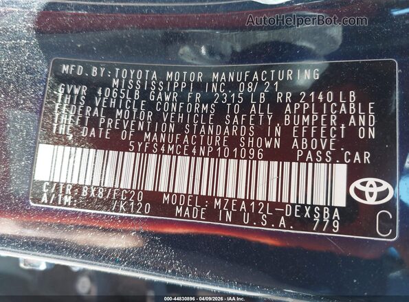 5YFS4MCE4NP101096 2022 TOYOTA LL Navy Widok komory silnika
