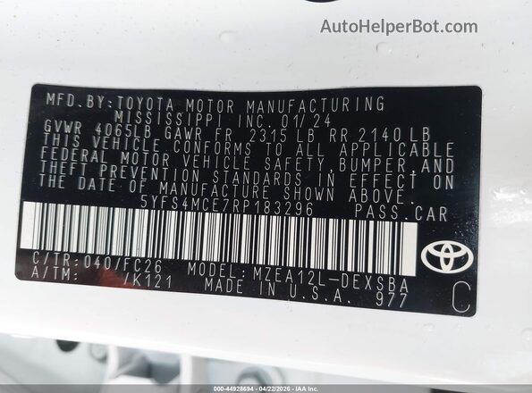 5YFS4MCE7RP183296 2024 TOYOTA LL White Շարժիչի բաժամունքի տեսք