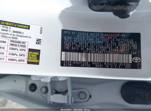 5YFS4MCE8NP115681 2022 TOYOTA LL White Engine compartment view