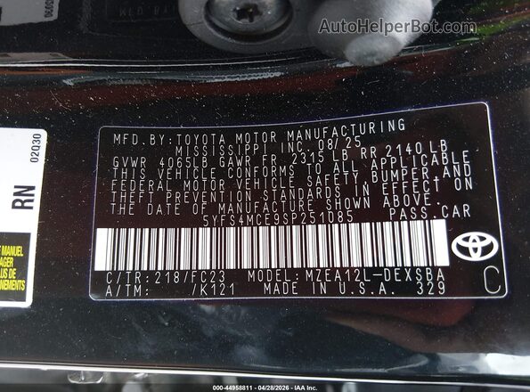 5YFS4MCE9SP251085 2025 TOYOTA LL Black ძრავის განყოფილების ხედი