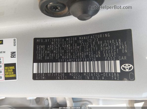 5YFS4MCEXRP181736 2024 TOYOTA LL Silver Вид підкапотного простору