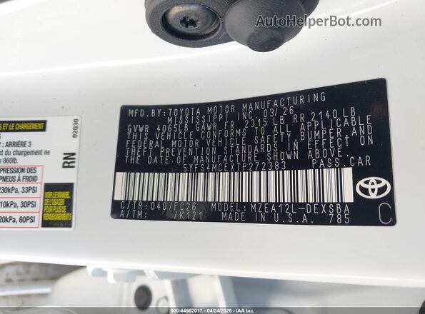 5YFS4MCEXTP272383 2026 TOYOTA LL White Engine compartment view