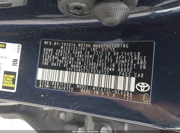 5YFS4RCE2LP016137 2020 TOYOTA LL Blue Շարժիչի բաժամունքի տեսք
