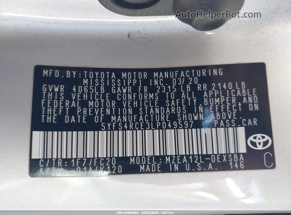 5YFS4RCE3LP049597 2020 TOYOTA LL Silver Vista del compartimento del motor