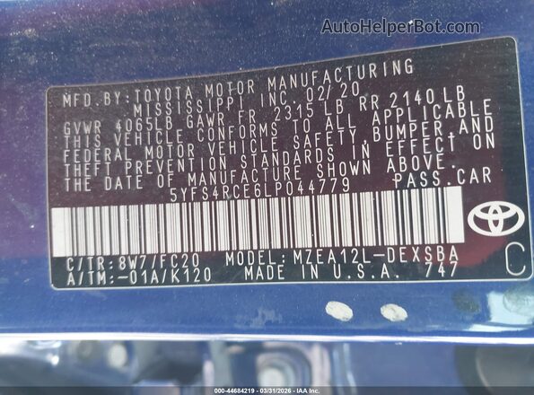 5YFS4RCE6LP044779 2020 TOYOTA LL Blue Widok komory silnika